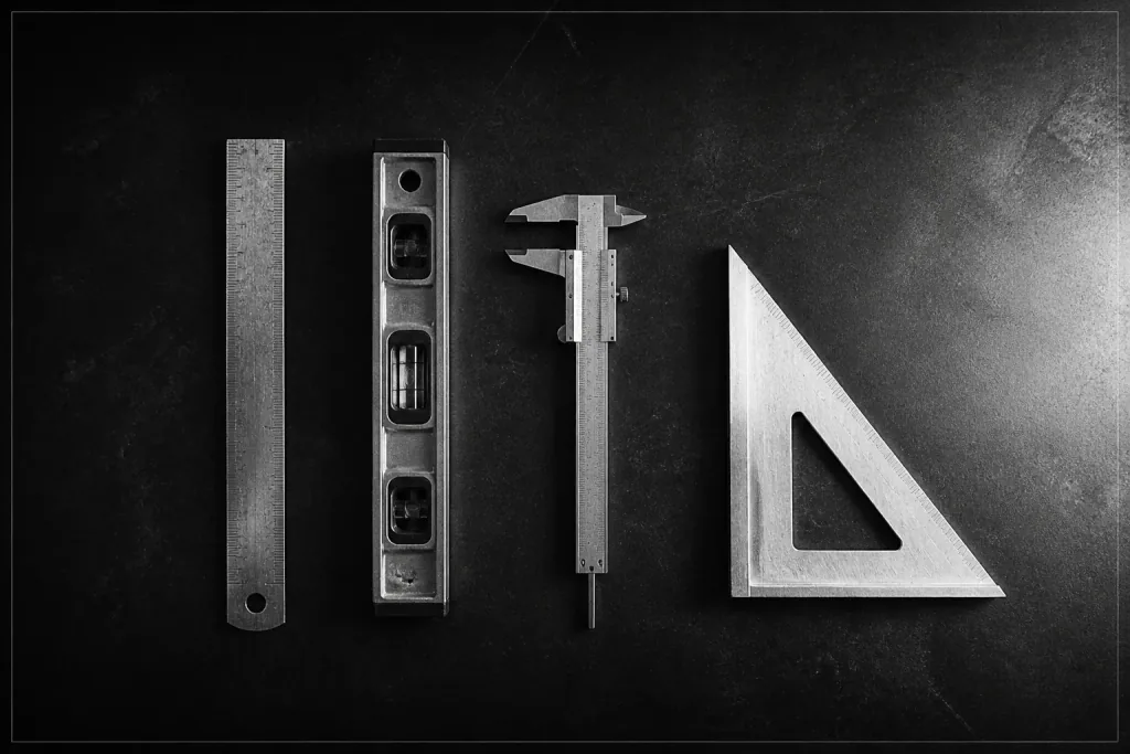 A row of measuring tools on a dark desk: rule, level, caliper, set square