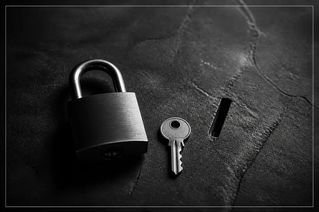 A closed padlock and a key on a stone desk beside a narrow slot
