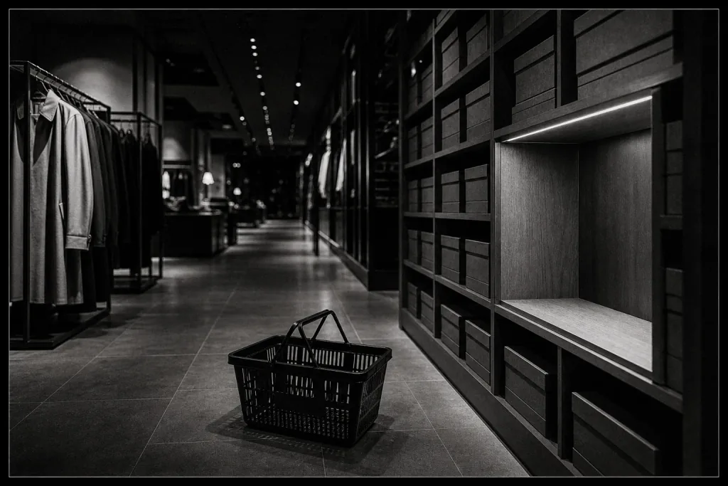 Abandoned shopping basket left in an empty night boutique aisle