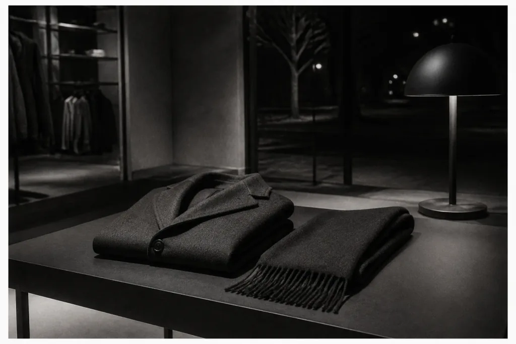 Coat and matching scarf arranged as a pair on a boutique table