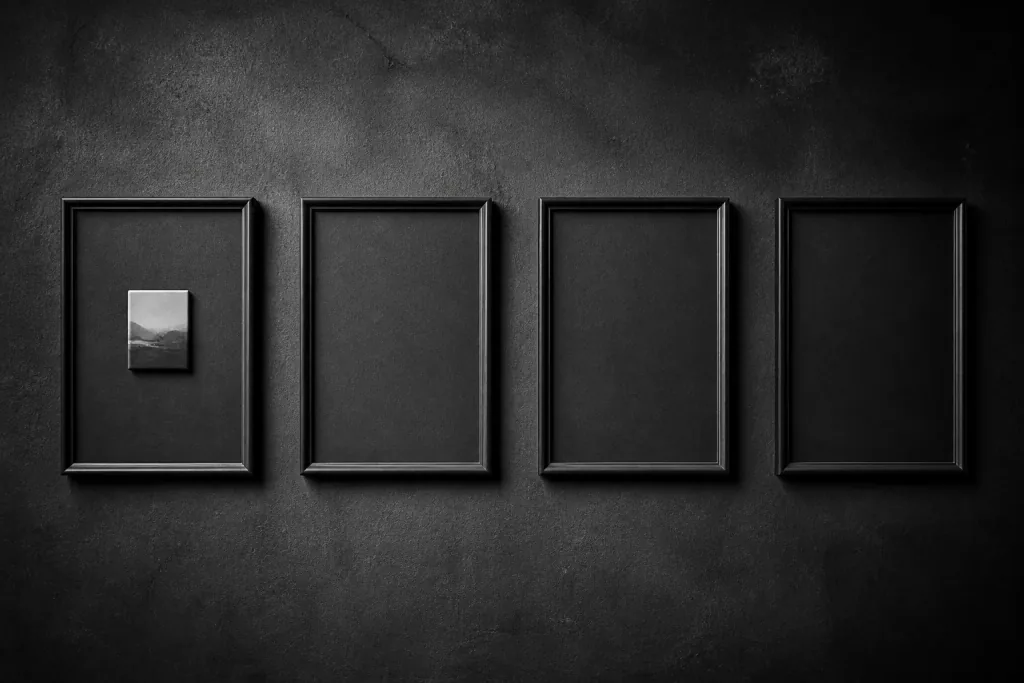 A wall of empty frames with one small plaque in the leftmost frame