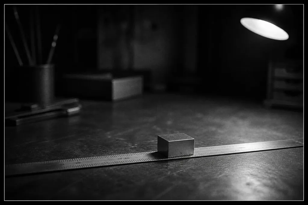 A measuring ruler on a workbench with one small sample at a single tick