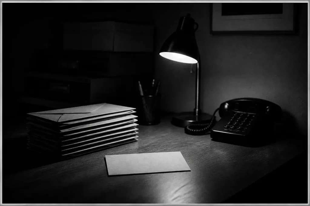 A night desk with a stack of envelopes and one letter pulled under a lamp
