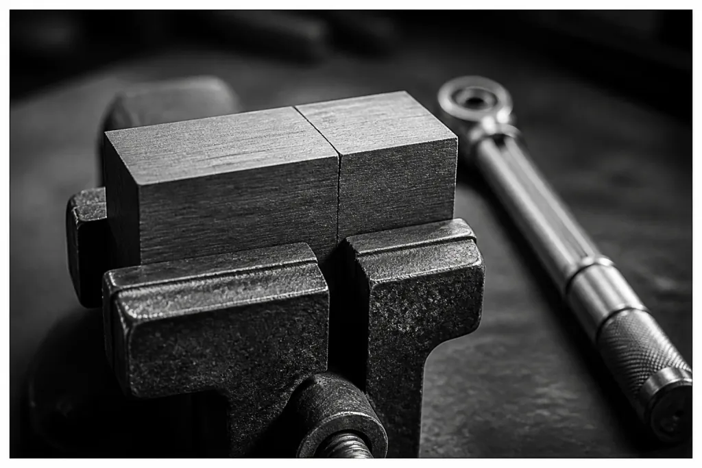 A block clamped in a vise, a wrench beside it, a crack that stops halfway