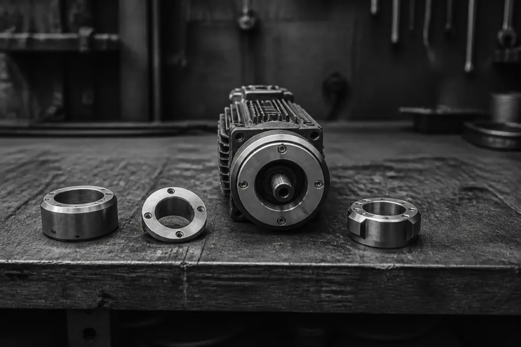 A machine core on a bench with one adapter ring fitted on