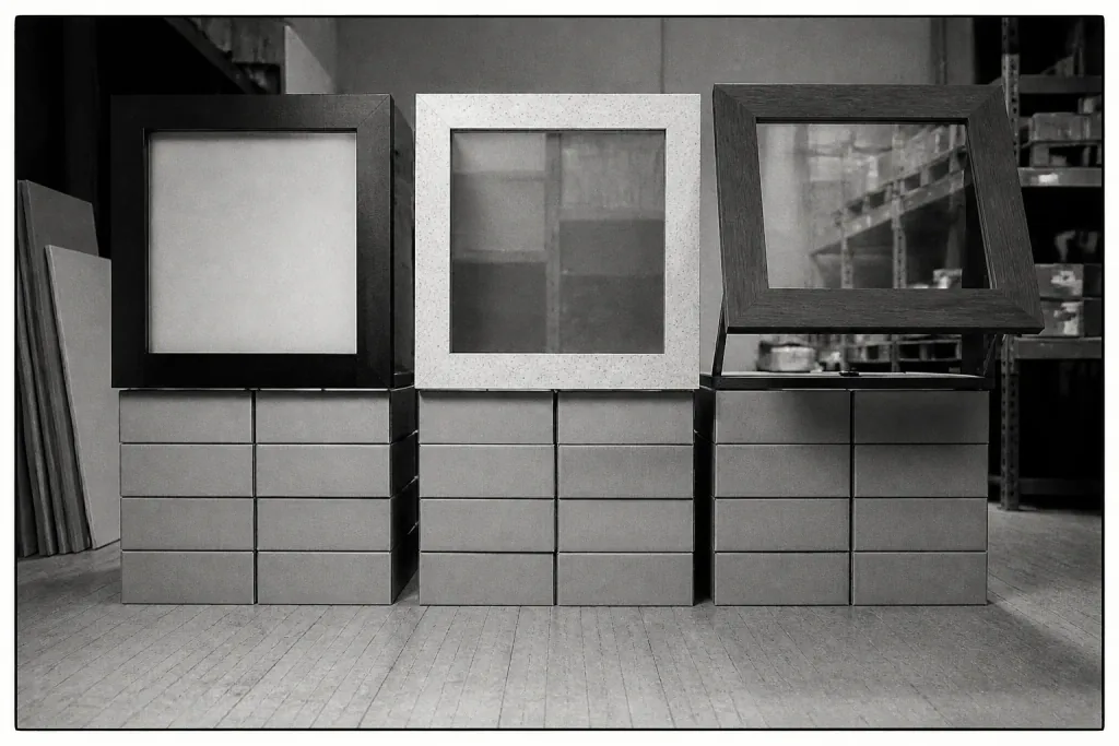 Three display frames over identical stock, one frame lifted