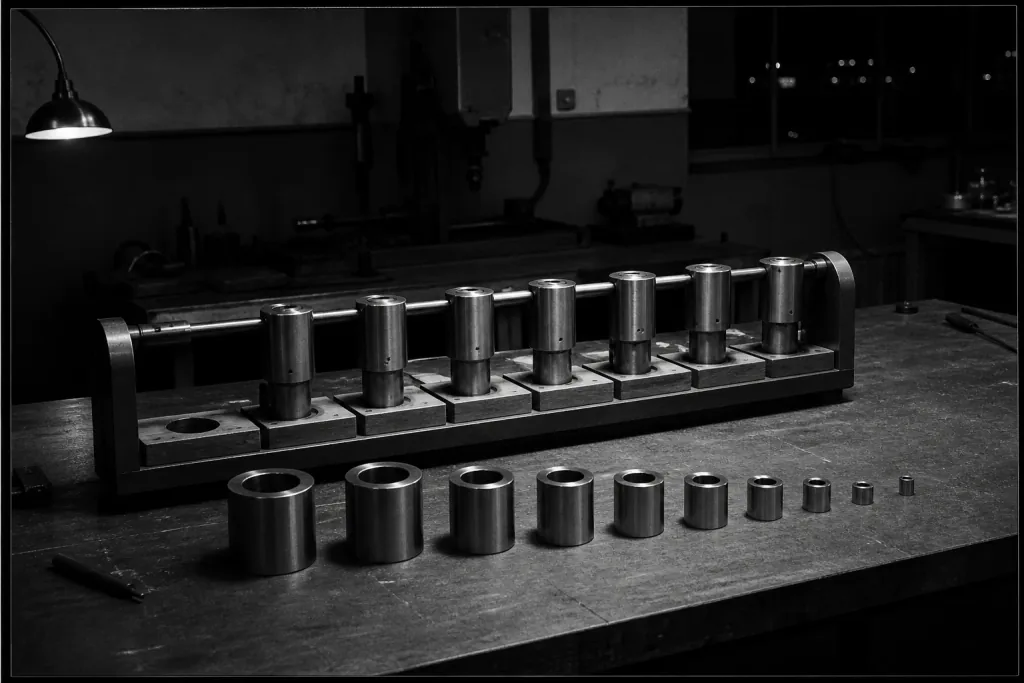 Partly assembled shop fixture on a workshop bench, remaining parts in a row