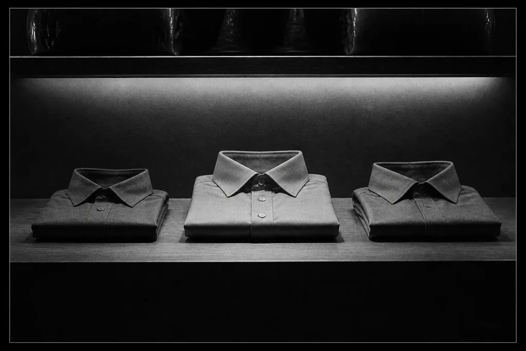 Three sizes of the same shoe on a shelf, the middle one pulled forward