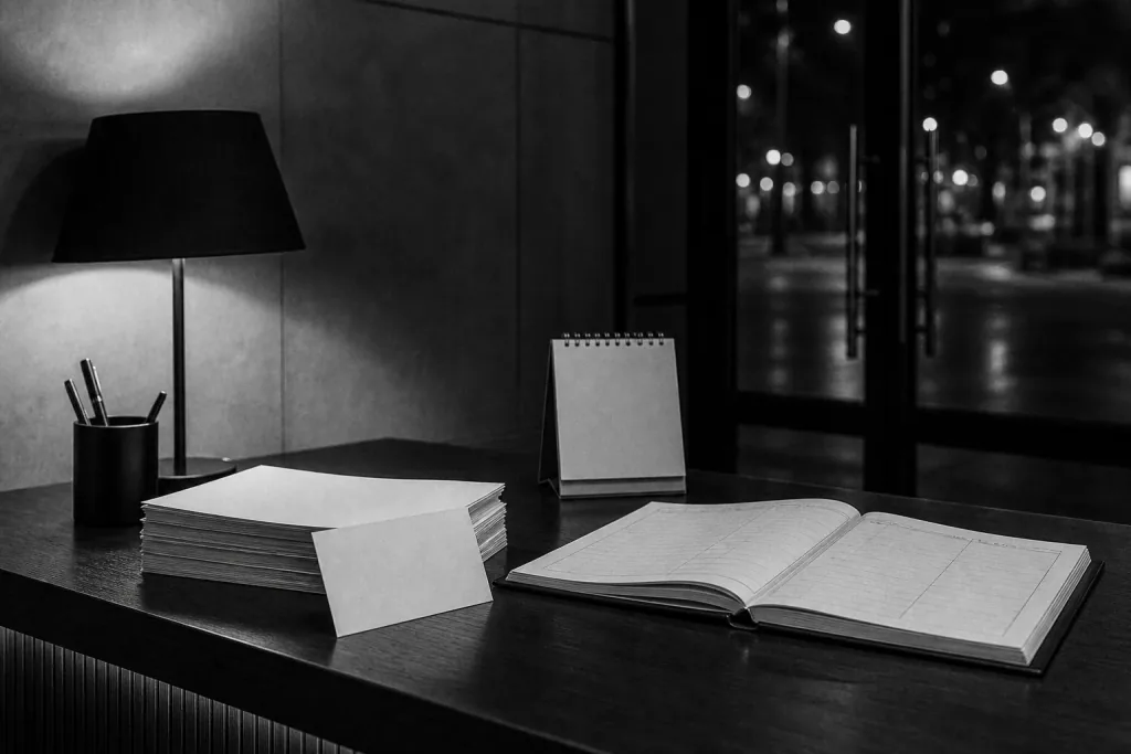 Service desk with stacked papers, a ledger, and a calendar