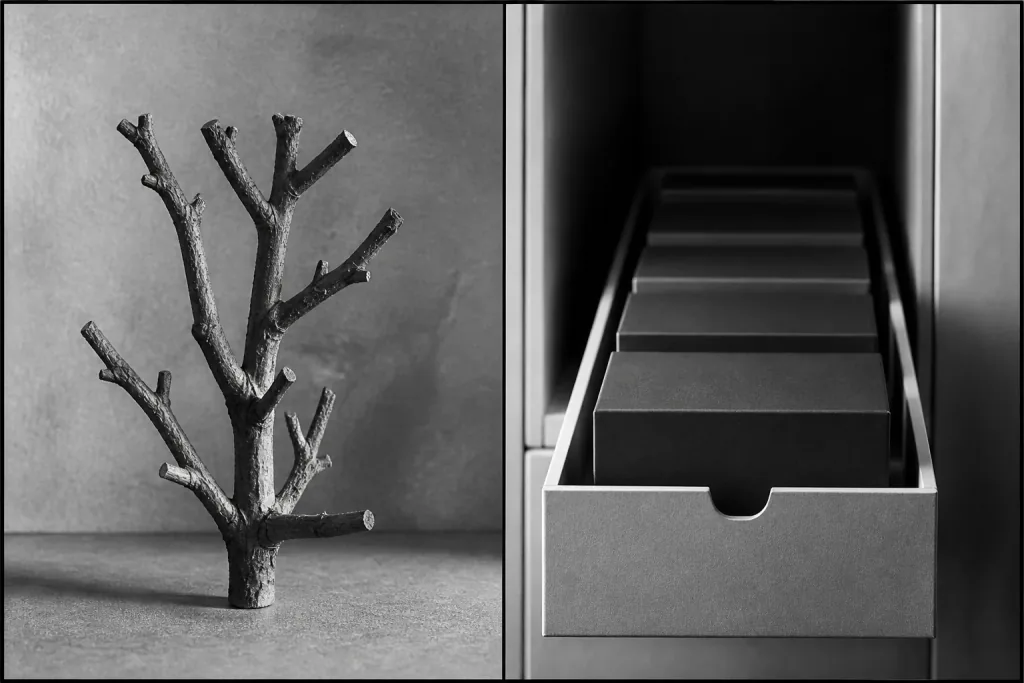 A cut branching form on the left and a drawer of boxed goods on the right